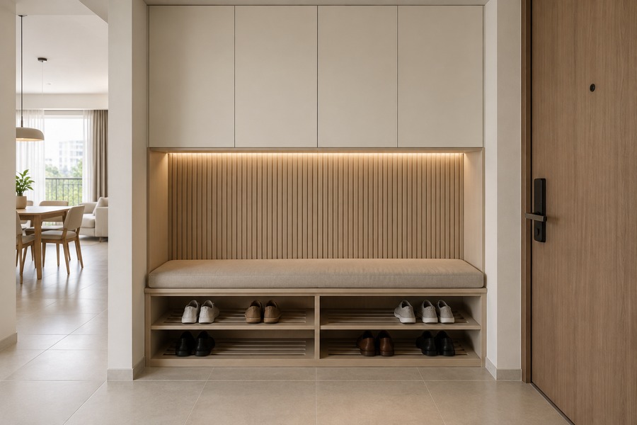 Illustrative shoe bench cabinetry design, without people