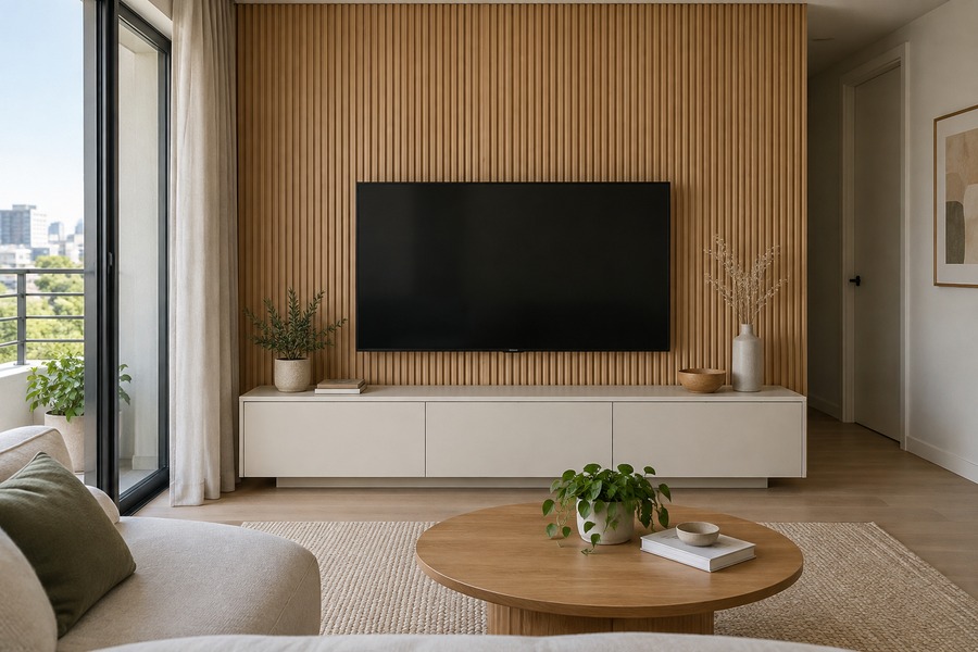 Illustrative tv fluted custom television cabinetry design
