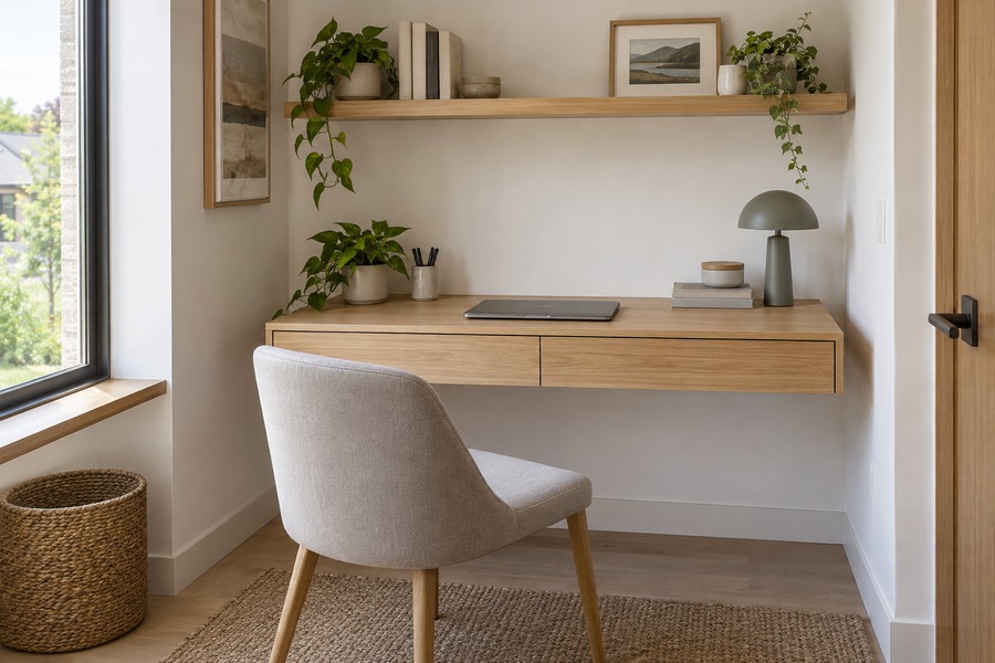 Illustrative study floating fitted desk and home office cabinetry design