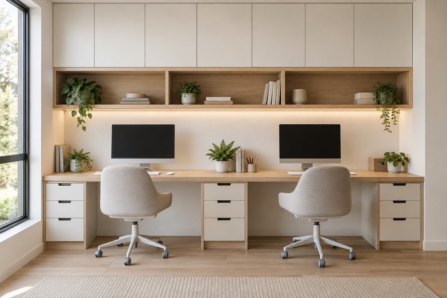 Illustrative study shared fitted desk and home office cabinetry design