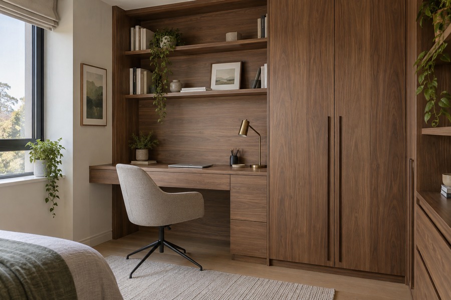 Illustrative study bedroom fitted desk and home office cabinetry design