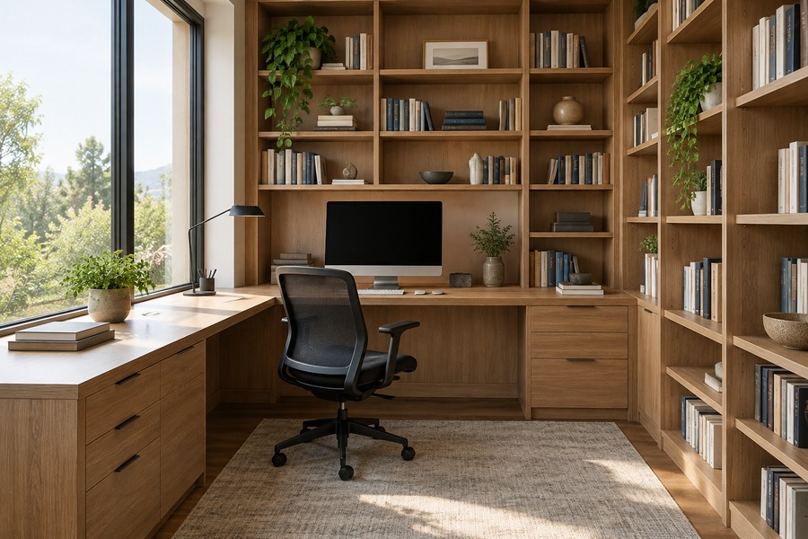 Illustrative study shelves fitted desk and home office cabinetry design