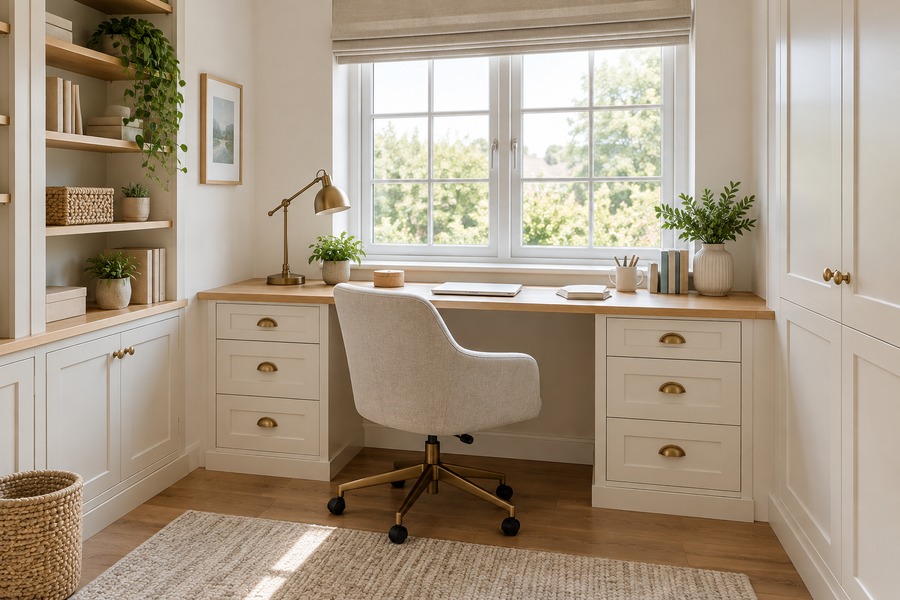 Illustrative study compact fitted desk and home office cabinetry design