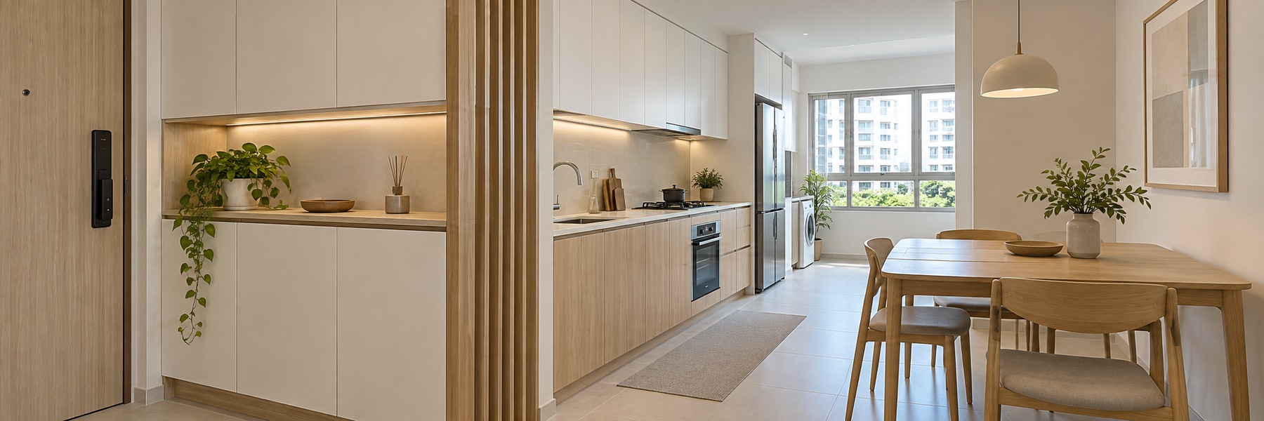 Illustrative HDB apartment kitchen and entryway cabinetry