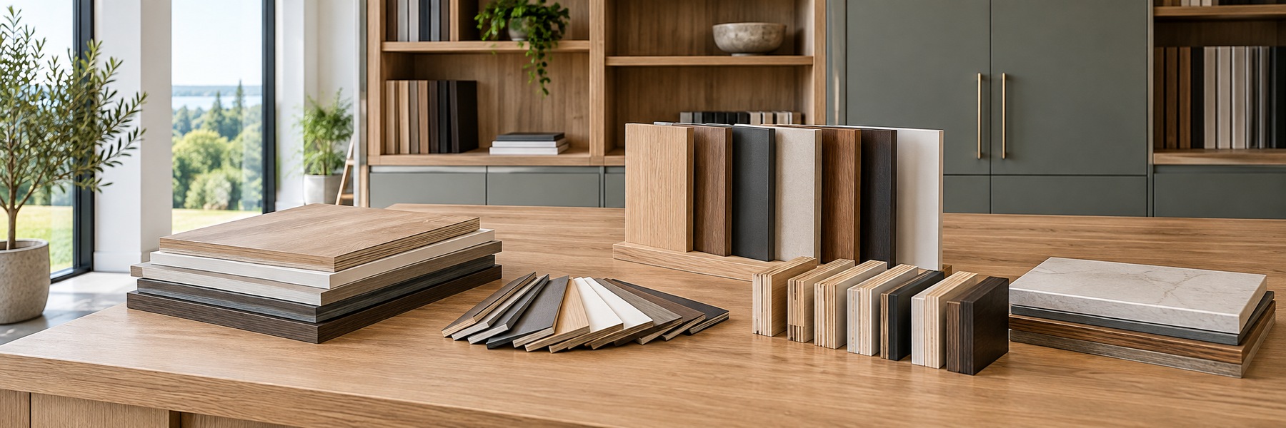 Illustrative cabinet material samples on a worktop with fitted storage