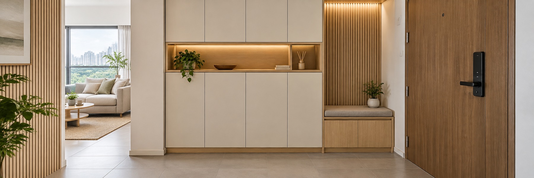 Illustrative fitted shoe cabinet and empty entrance bench