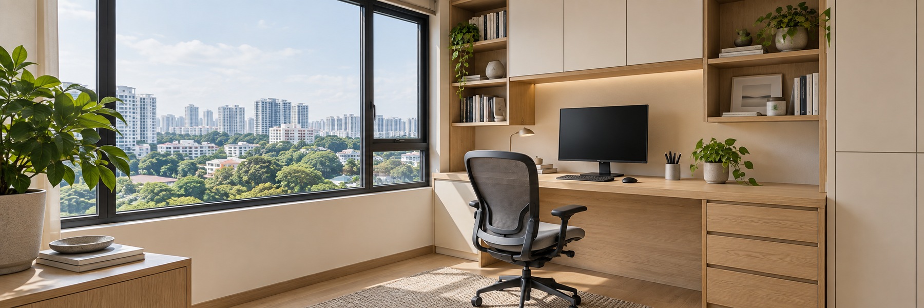 Illustrative fitted study desk and shelving with an empty chair