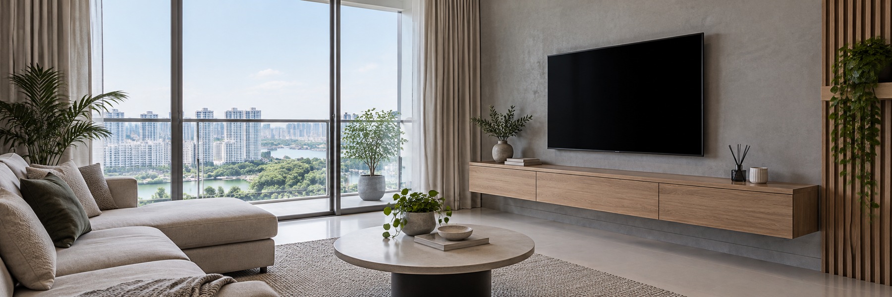 Illustrative floating television console and feature wall