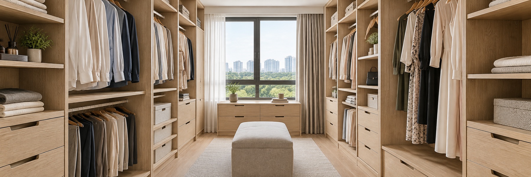 Illustrative walk-in wardrobe with fitted oak shelves, drawers and hanging rails around a clear dressing aisle